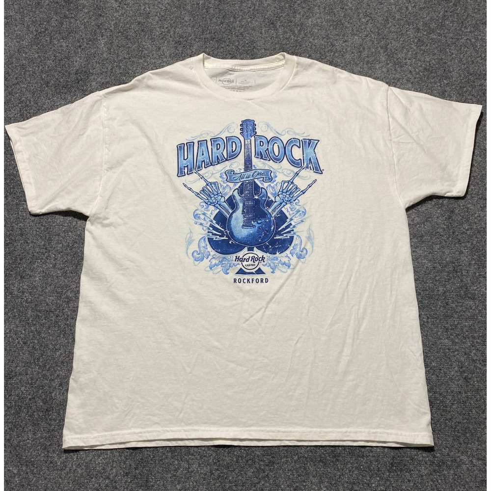 Hard Rock Casino Rockford Mens XL White Graphic T-Shirt Guitar Skeleton Spade